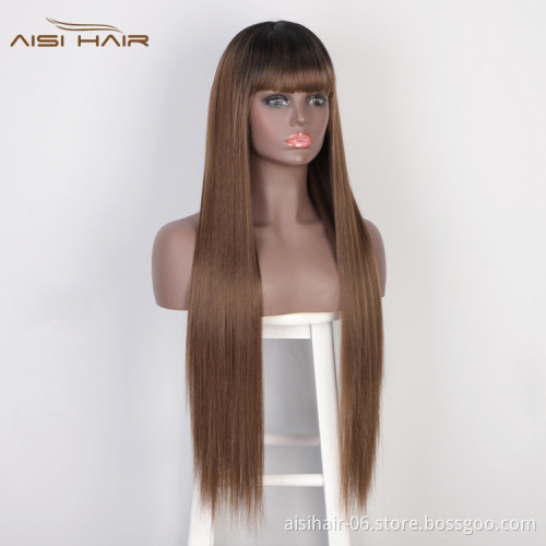 Aisi Hair Top Quality Cheap Long Silky Straight Fiber Wigs High Temperature Synthetic Fiber Wig Ombre Brown Wigs Wiht Bangs